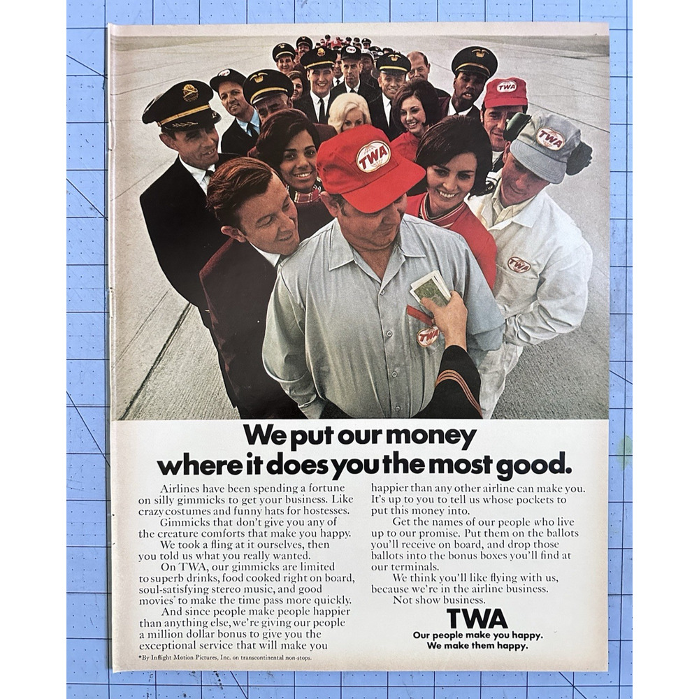 1969 Vintage TWA Airlines Ad Pilots Crew Smiling Original Print Ad
